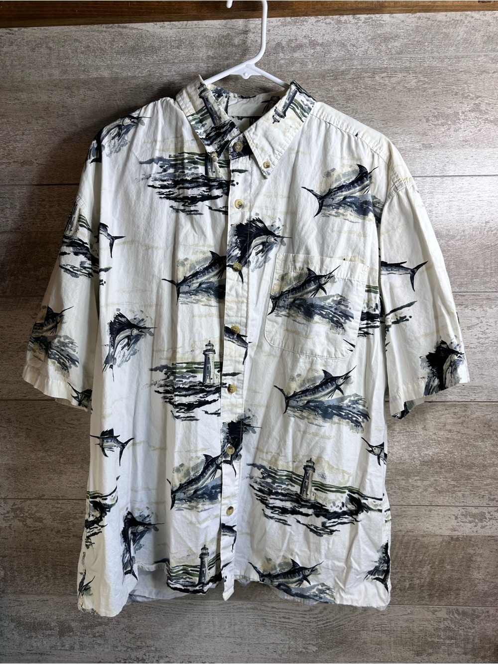 Field & Stream Marlin Fishing Shirt White Lighthouse All Over Print